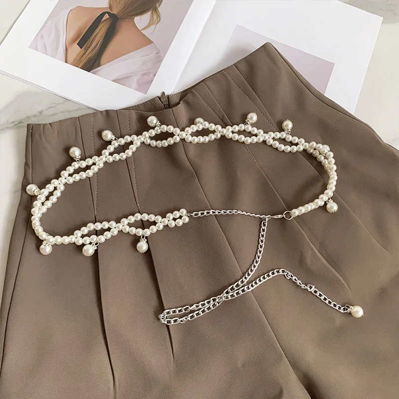 Designer Pearl Waist Chain for Women Fashion Ladies Thin Chain Belt Luxury High-end Brand Belt Temperament Retro Girdle Belts