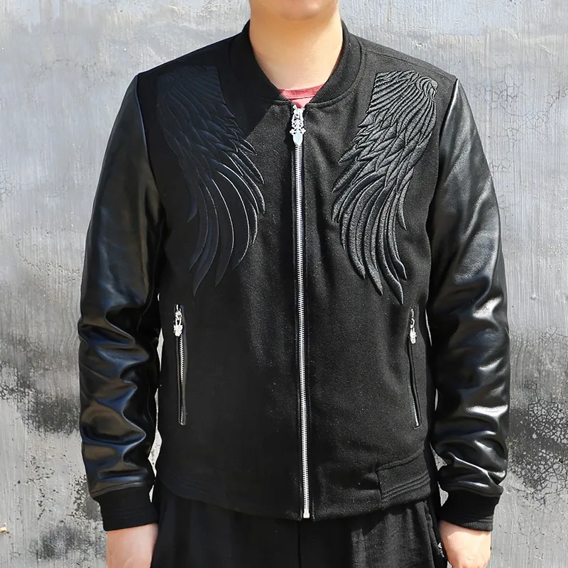 

Bomber Jacket Mens Fashion Stand Collar Zip Embroidery Genuine Leather Long Sleeve Woolen Coat Winter Casual Motorcycle Jacket
