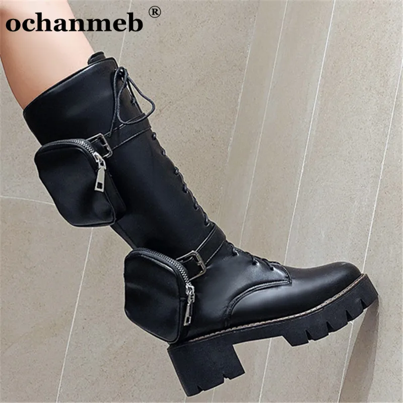 

Plus Size 33-43 Knee High Boots Women Zipper Lace up Platforms Chunky Heeled Motorcycle Boot Lady Pocket Boot Buckled Belt Shoes