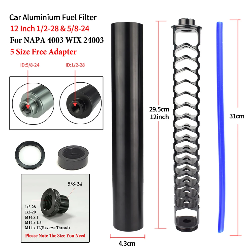 

7075 T6 Aluminum 12 inch Extension Spiral Car Fuel Filter Single Core for NaPa 4003 WIX 24003 Fuel Trap Solvent Filter