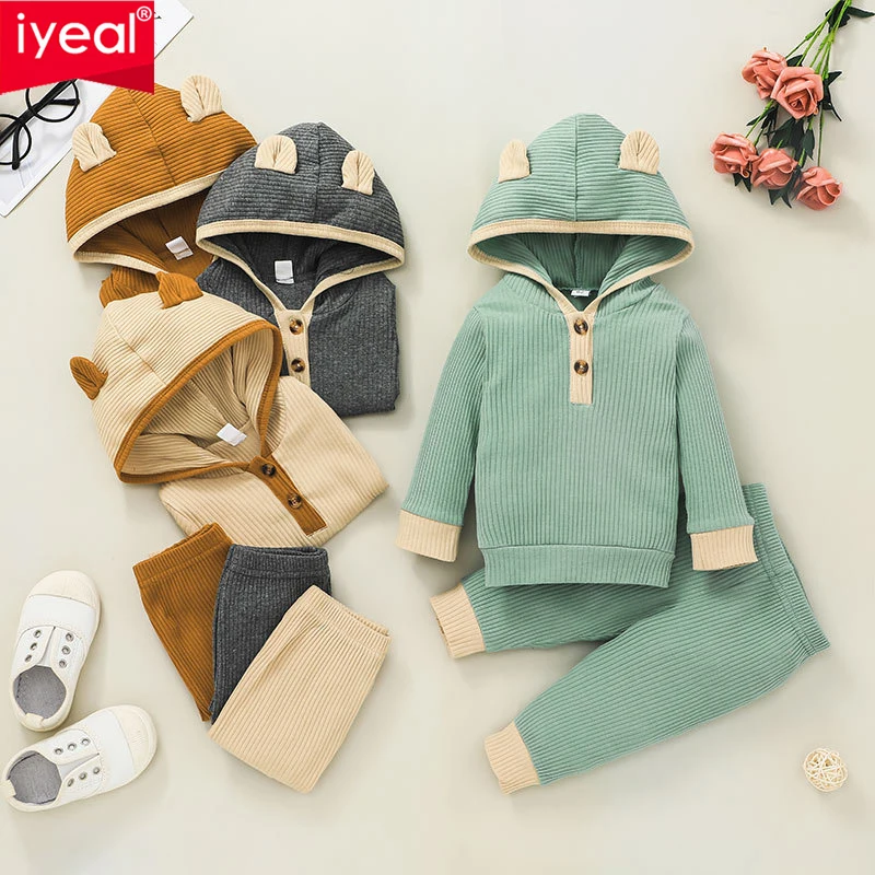 

IYEAL Infant Newborn Outfits Baby Girls Boys Clothes Set Toddler Hooded Ribbed Tops Hoodie+Elastic Pants 0-24M New Born Clothing