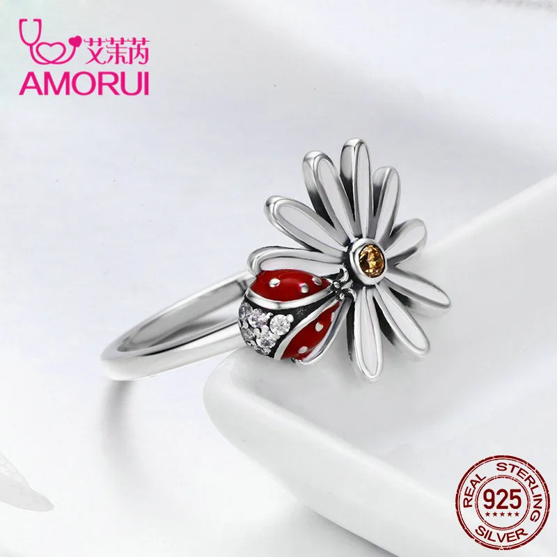 AMORUI AAA CZ камень 925 пробы Серебряный цветок и Божья коровка Страна Чудес палец