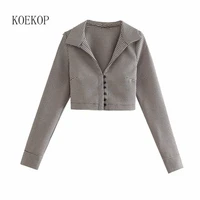 koekop women fashion check cropped blazer lapel collar crossover v neckline long sleeves casual chic lady jacket woman