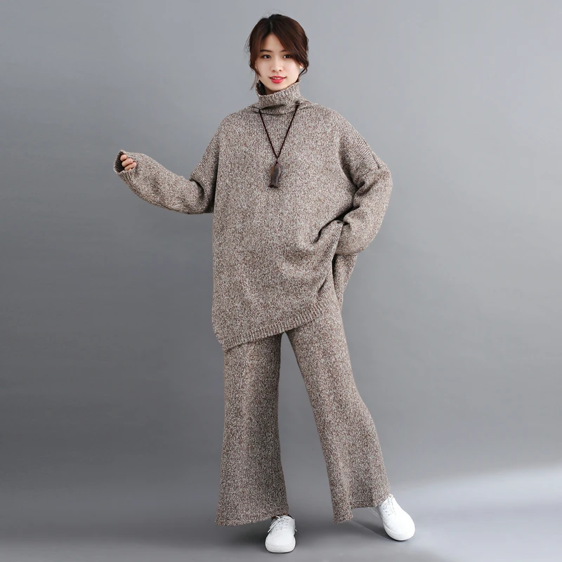 Вязаные Женский комплект 2 шт. размера плюс 6XL, свободные топы с длинным рукавом и длинные штаны, новинка, зимний свитер, комплект из двух предметов