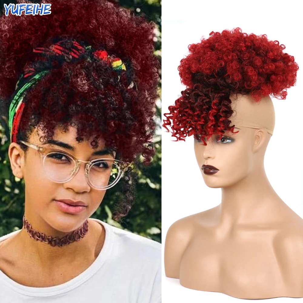 

Drawstring High Puff Afro Kinky Curly Ponytail With Bangs Hairpiece Short Wrap Synthetic Ponytail Hair Extensions Kids Women Use