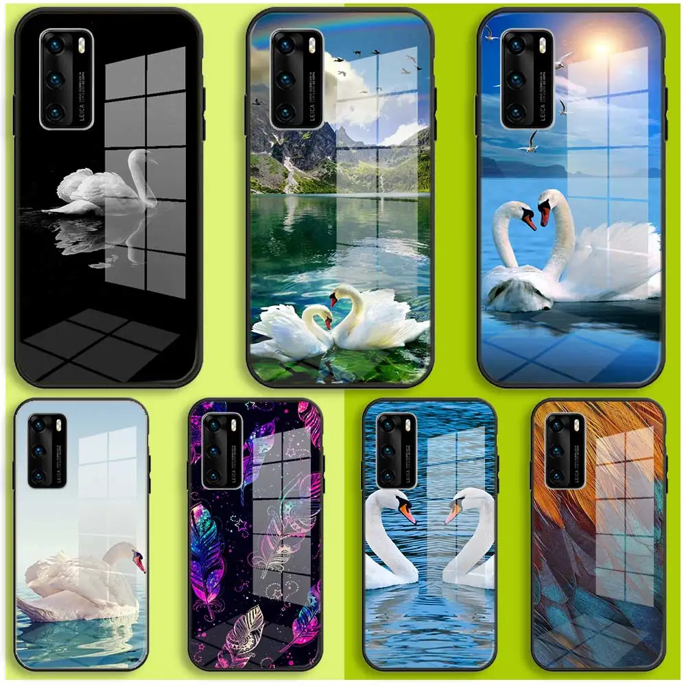 

Phone Case For Samsung A10 A12 A13 A14 A20 A30 A31 A32 A33 A34 A51 A52 A53 A54 A70 A71 A72 A73 Balck Glass Cover White Swan