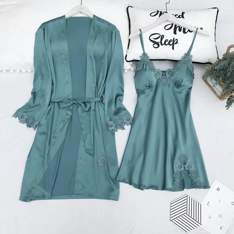 

Spring and Summer Viscose Fiber Nightgown Two-Piece Female Sexy Slip Nightdress Pijamas Imitation Silk Thin Robe