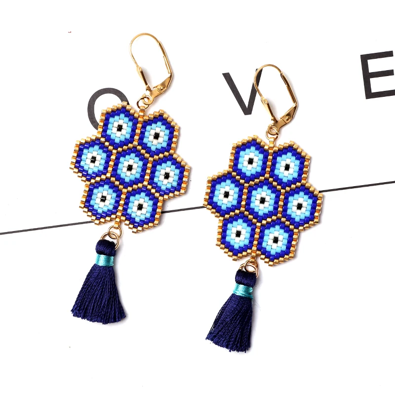 

FAIRYWOO Tassel Drop Earrings Gothic Blue Earring Women Israel Eye Jewelry Hip Hop Style Accessories Delica Miyuki Bead Earrings
