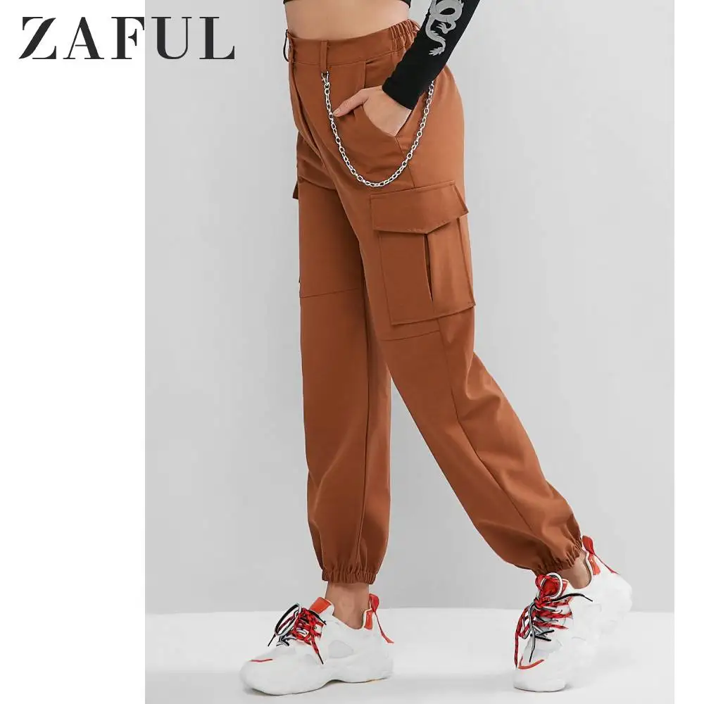 ZAFUL штаны для бега с цепочкой и карманами, высокая талия, одноцветные женские штаны с высокой талией, Осенние уличные штаны, популярные штаны