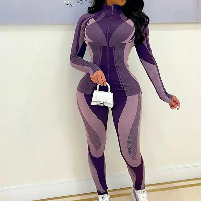 

Спортивный костюм в стиле пэчворк, популярный комплект из двух предметов, Топ с длинным рукавом и спортивные штаны, уличная Клубная одежда, ...