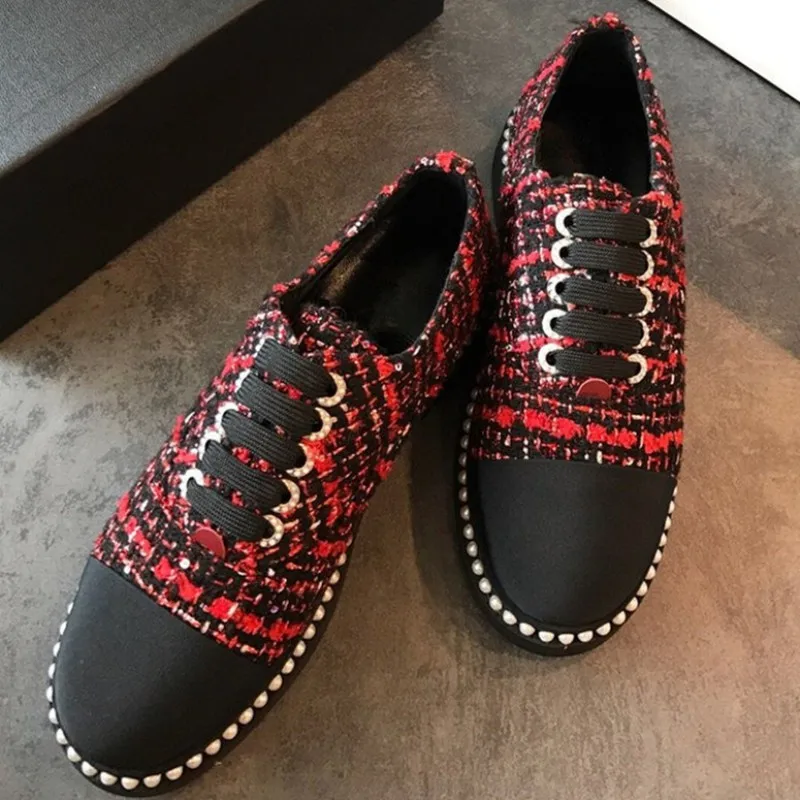 Euro Brand New Lace Up Pearls Womens Panelled Tweed Shoes Vintage Round Toe Thick Bottom Casual Female Platform Streetwear | Обувь