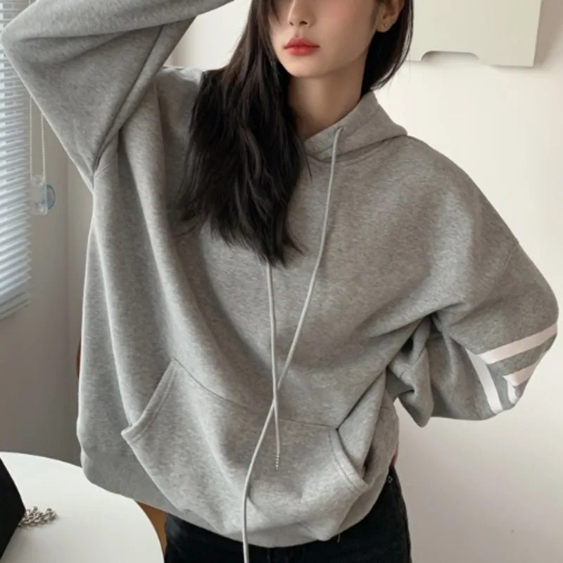 

Grey Hooded Sweater Plush Thickened Winter Loose Bf Boyfriend Style Casual Long Sleeve Jacket Women's Fashion