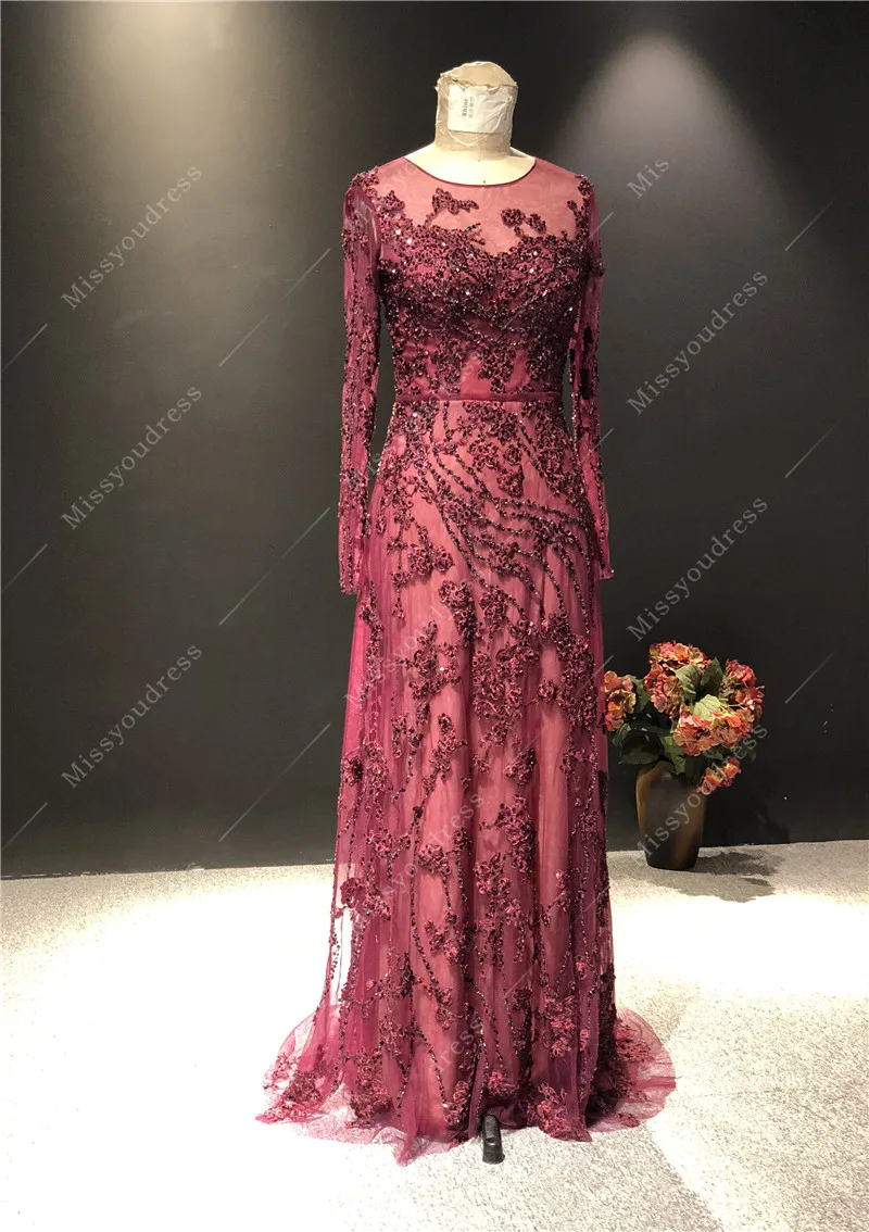 2021 вечерние платья 100% Real Pictures Lace Beads O-neck Straight Long Sleeves Floor-Length Prom Party Bridal Evening Dresses