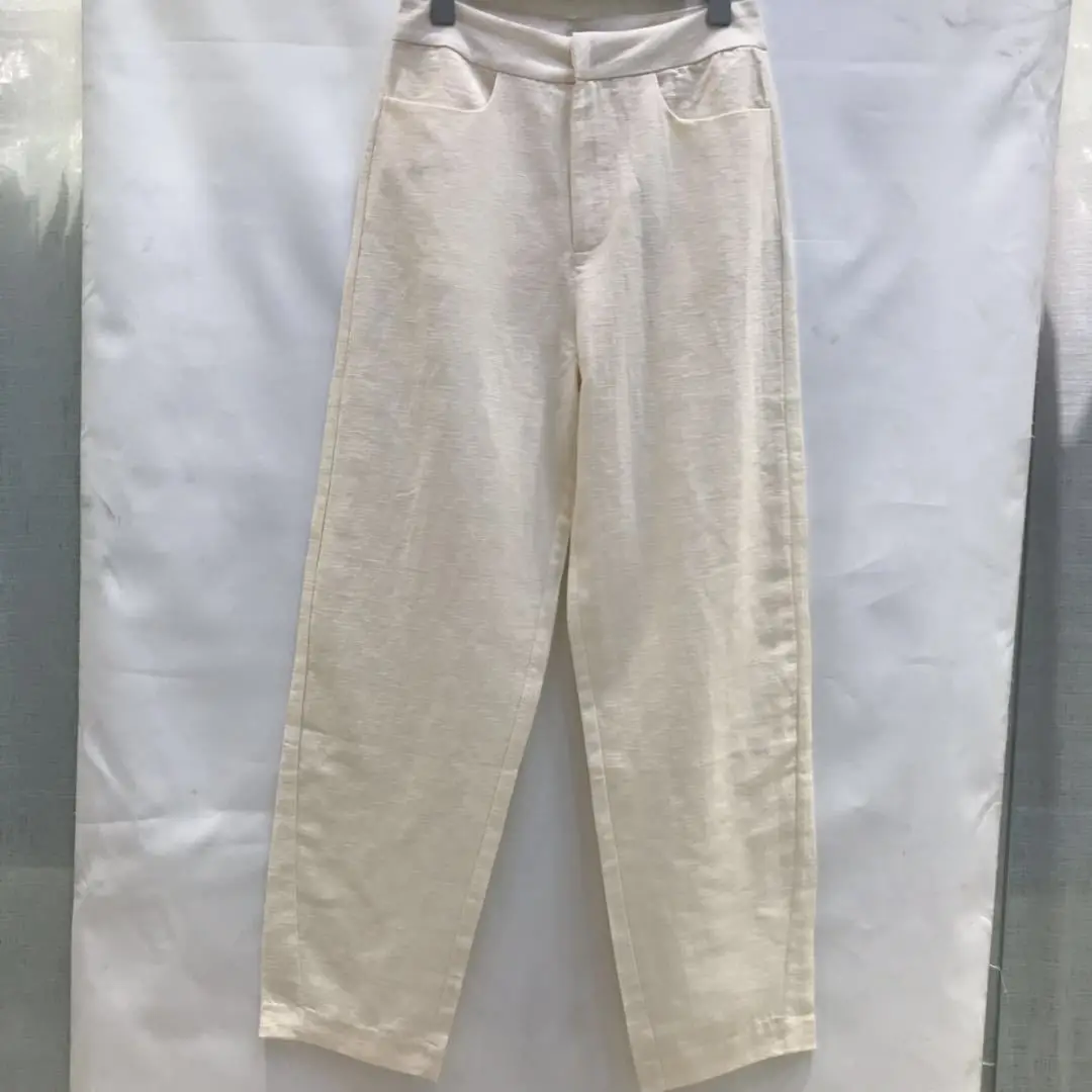 

Women Pants Novara Ivory White Mixed Black Cotton Linen for Women High Waist Straight Tube Trousers