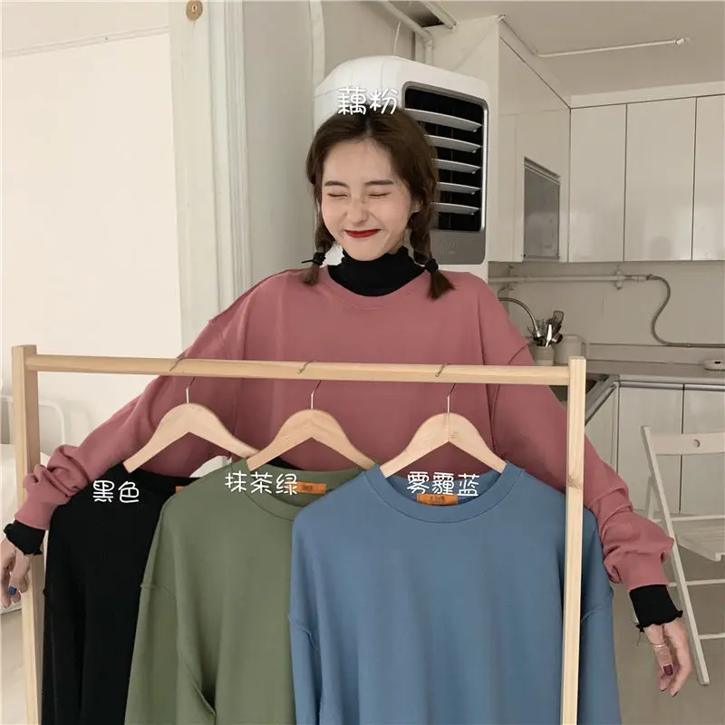 

2020 New Korean Style Loose Slim Thin Long Sleeve Round Neck Solid Girls Clothes Spring and Autumn