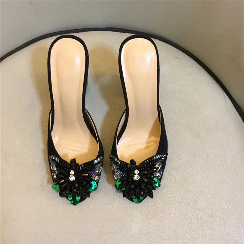 

Beading Sequins Crystal Flower High Heels Women Luxury Suede Jeweled Diamond Heel Rhinestone High Heel Slippers Women