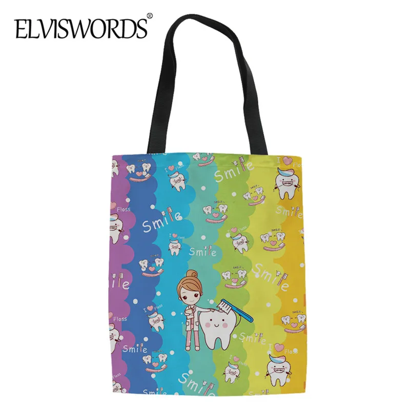 

Женская Складная Сумка-тоут ELVISWORDS с рисунком радуги из мультфильма, прочная льняная Повседневная Уличная Сумка-тоут через плечо