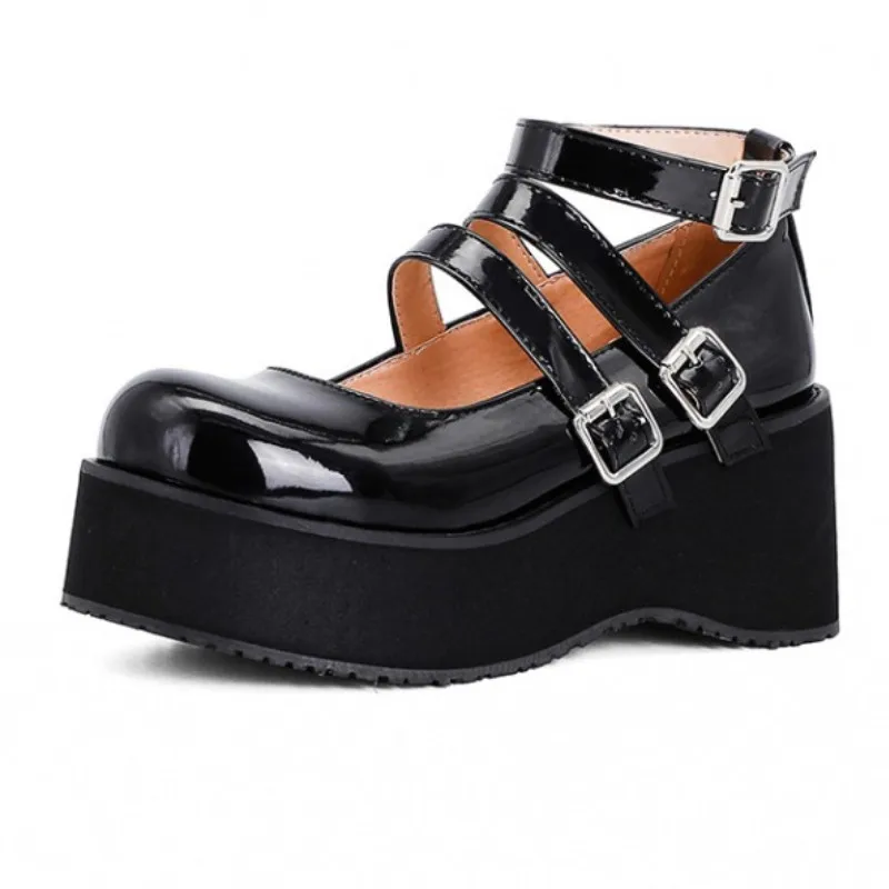 

Fanyuan 2021 PU Patent Leather Buckle Platform Women Shoes Wedge High Heels Spring Retro Round Toe Female Pumps Big Size 34-48
