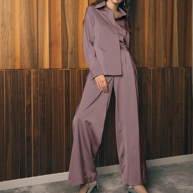 

Elegant Two Piece Set Women Casual Loose Satin Home Suit Solid Loose Long Sleeve 2 Piece Top And Pants Sets Ladies Trousers Set