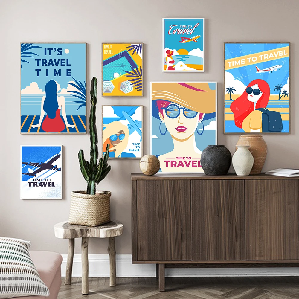 

Cartoon Girl Landscape Tour Posters and Prints Travel View Canvas Painting Time To Travel Wall Art Airplane Pictures Home Decor