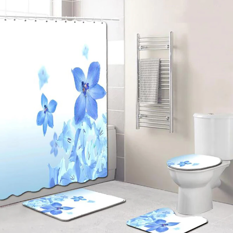 

4Pcs/Set Bathroom Rugs Set Anti Slip Waterproof Shower Curtain Pedestal Rug Lid Toilet Cover Bath Mat Home Decor