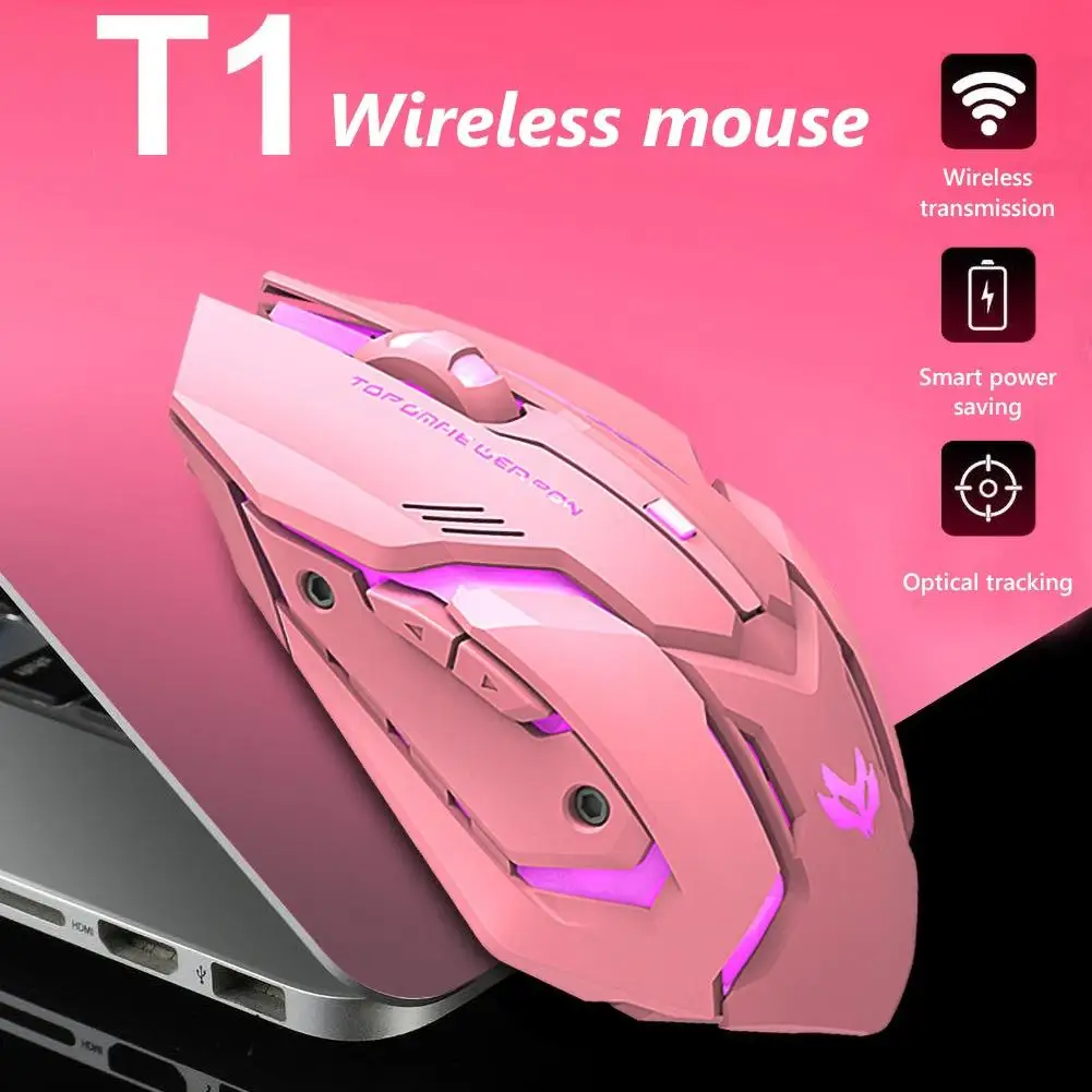 

Pink Black T1 Ergonomic 2.4G Rechargeable Mouse for PC Computer Silent Backlit USB Optical Wireless Gaming Mouse