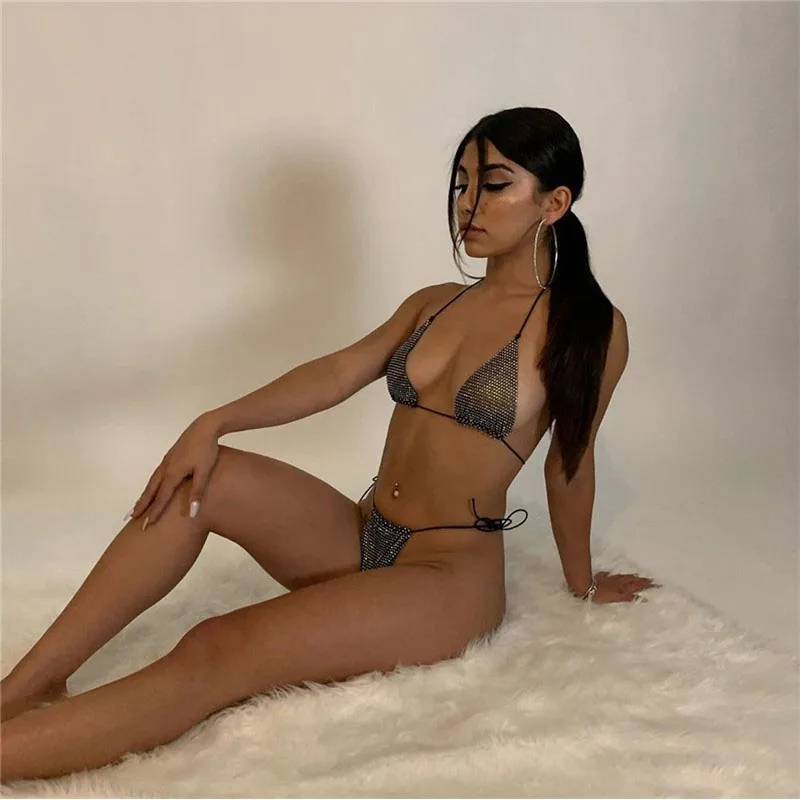 Sexy Rhinestone Swimwear 2019 Women Micro Bikini Thong Brazilian Glitter Diamond Bikinis Set G-string Swimsuits 2 Piece Bathing | Женская