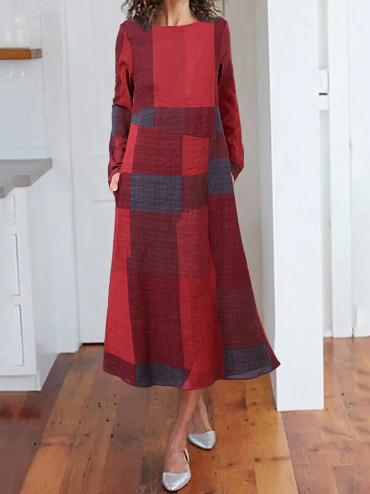 

Cotton linen Plaid Pullover Long Sleeve Dress