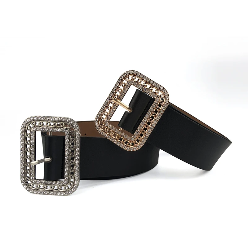 

Luxury Square Rhinestone Pin Buckle Women Belt Gold Silver Color Buckle PU Leather Waistbands Fashion Jeans Pants Waist Belt