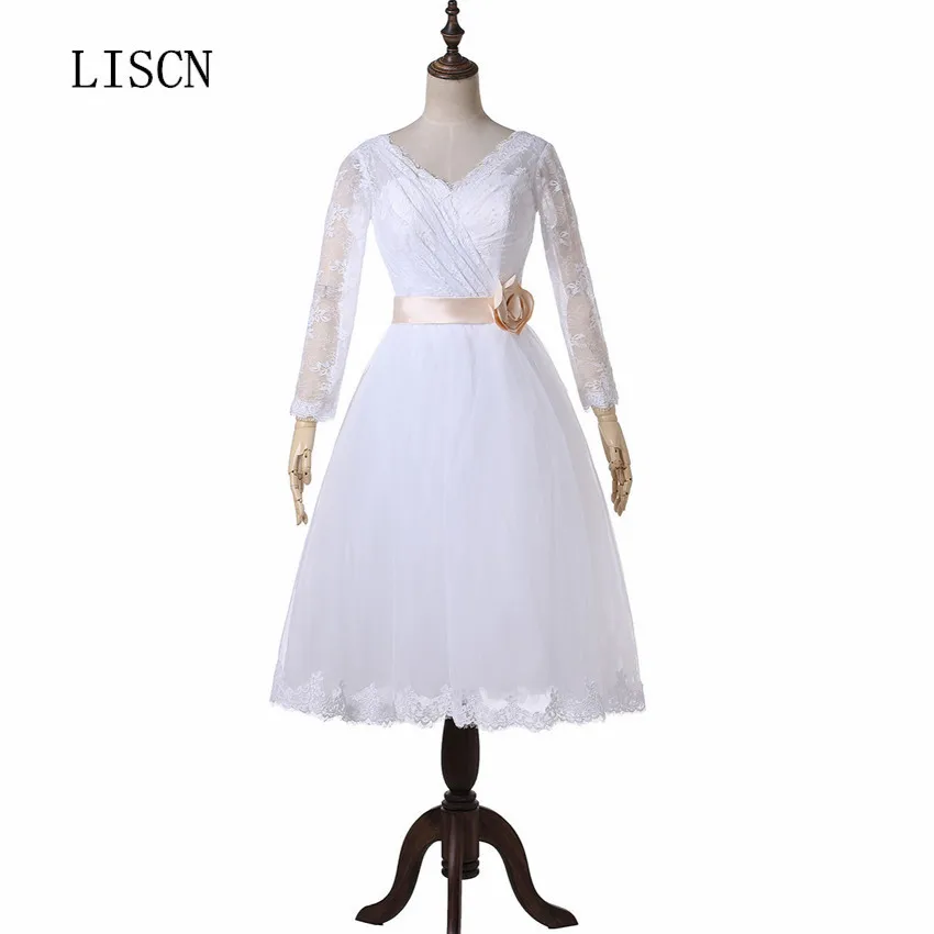 

Short A Line Wedding Dress Tea Length Ruched Rose Gold V Neck Long Sleeve Backless Vestido Vintage Lace White Tulle Bridal Gowns