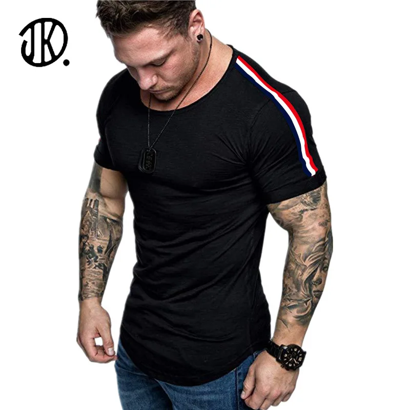 

2021 Patchwork Men Pullovers Stretch Short-sleeved T-shirt Round Neck Casual Top Summer Solid Color Sports Tee High Quality Tops