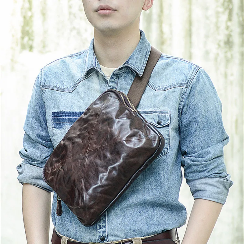 Retro fashion designer natural real leather men's large-capacity chest bag daily outdoor weekend multi-function messenger bag