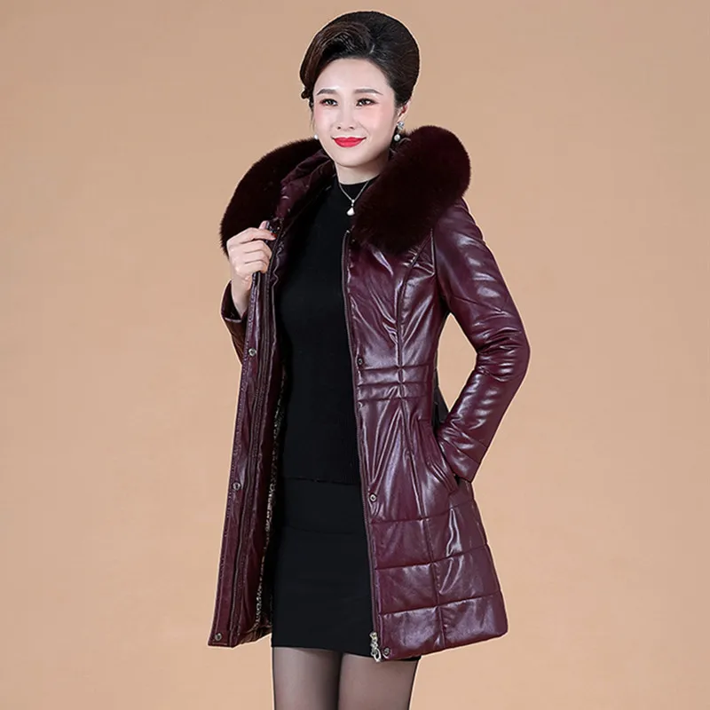 L-8XL Women Long Leather Coat Winter 2023 Mother Sheepskin Outerwear Thicken Warm Camel Overcoat Fur Collar Hooded Jacket Female