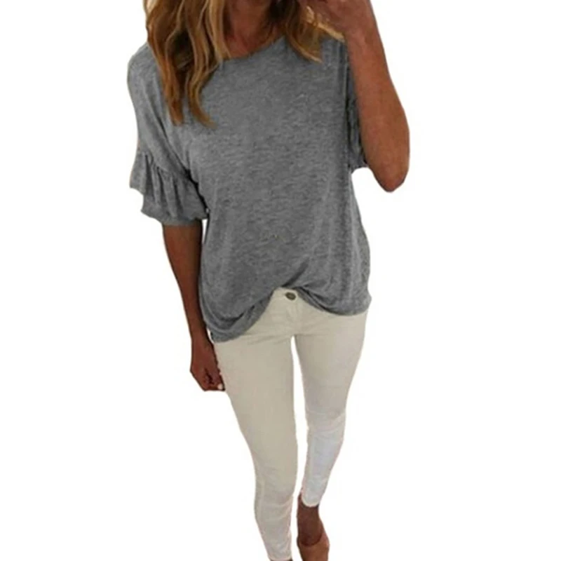 Женские тонкие топы с рюшами на рукавах летняя футболка круглым вырезом модная