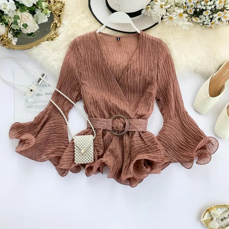 

Autumn New Shirt Women's V Neck Long Flare Sleeve Chiffon Blouse Solid Color Fashion Tops J449