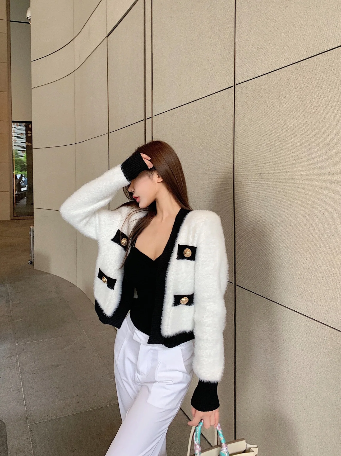 

Pink Short Sexy Striped Knitted Furry Cardigan Sweater for Woman 2020 Autumn Winter Designer Luxury Woman Clothing Streetwear