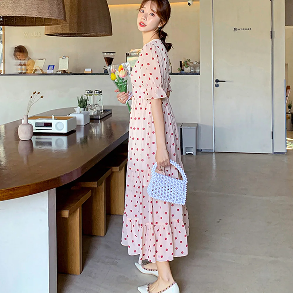 

Japan Style Dress Fashion Elegant Women's Dress Loose Casual Simple Chiffon Wave Point V-neck Puff Sleeve 2021 Spring Summer