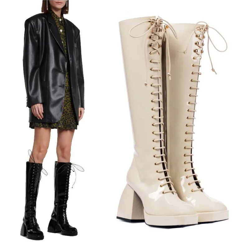 

2021 New Women's Boots Autumn Knee high Patent Leather Long Boots Lace up Zipper Thick heel Square Toe Women's Shoes Platform