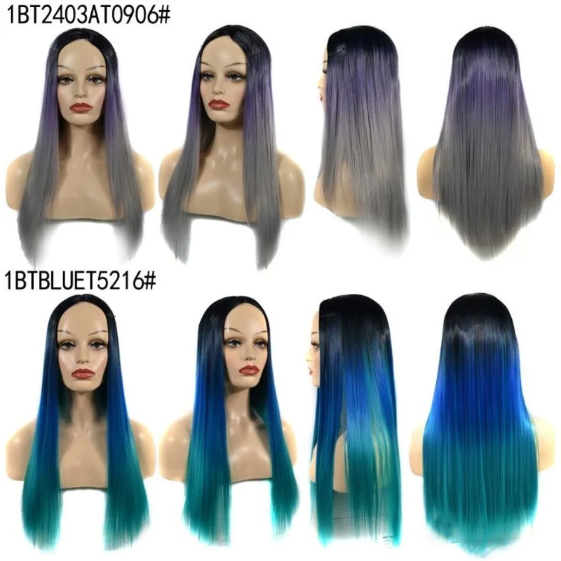 

Synthetic Wigs Long Straight No Bangs Cosplay Grandma Grey Colorful Ombre Fake Hair Middle Part Machine Made None Lace Wig 24"