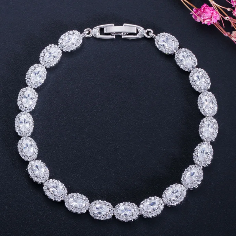 White Pera 925 пробы серебряные женские ювелирные изделия Розовый Красный кубический цирконий Кристалл овальной формы Соединенные цепи и звенья браслеты для подарка B050 - Окраска металла: White