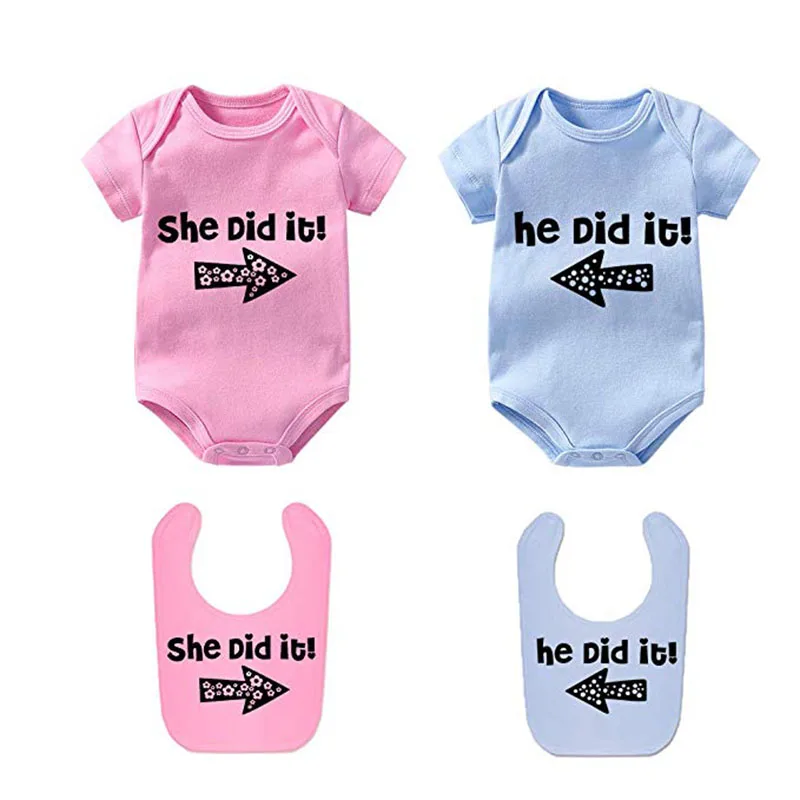 

YSCULBUTOL Baby Twins Bodysuits He/She Did It Twins Outfit Cotton Infant Bodysuits with Bibs two sets Newborn baby Shower gifts