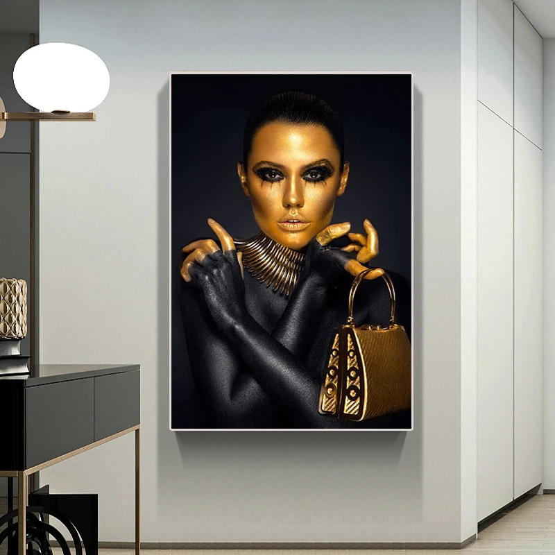 

Black African Golden Naked Woman Golden Hand Bag Canvas Painting Art Picture Canvas Posters And Prints Home Decor