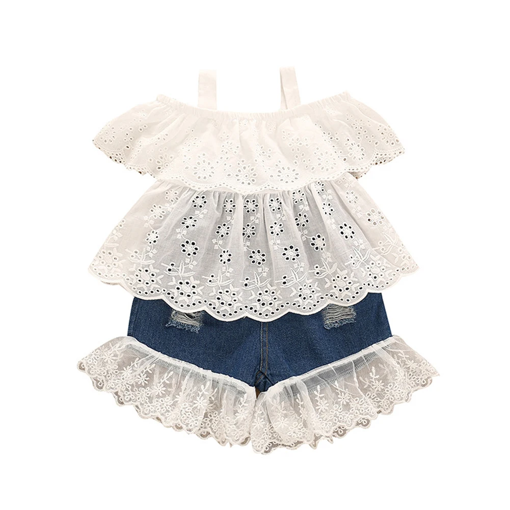 

1-4Y Summer Toddler Baby Girls Clothes Sets Off Shoulder Hollow Out Embroidery Blouses + Lace Patchwork Denim Shorts