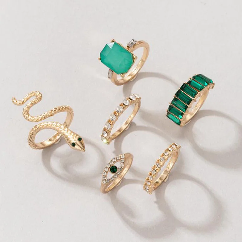 

6 Pcs Classic Green Cubic Zircon Snake Shaped Open Adjustable Ring Set Inlaid Rhinestone Crystal for Women Party Fashion Jewelry