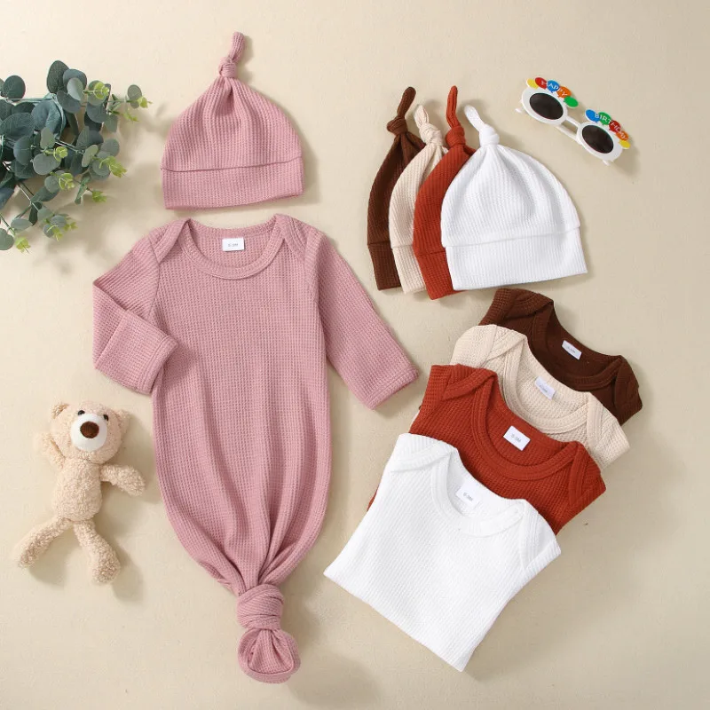 

2 Pcs Newborn Boy Girl Waffle Outfits, Infant Solid Color Long Sleeve Round Neck Sleeping Sack + Knotted Cap Spring Autumn
