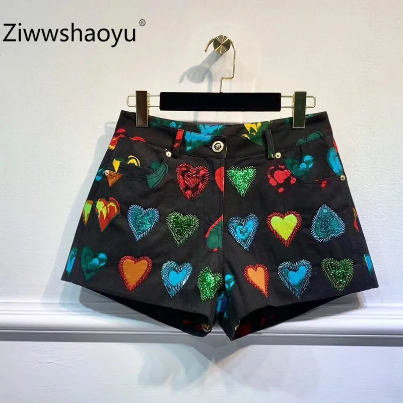 Ziwwshaoyu дизайнерские высококачественные осенние цветные шорты с принтом в форме сердца джинсовые Хлопковые женские