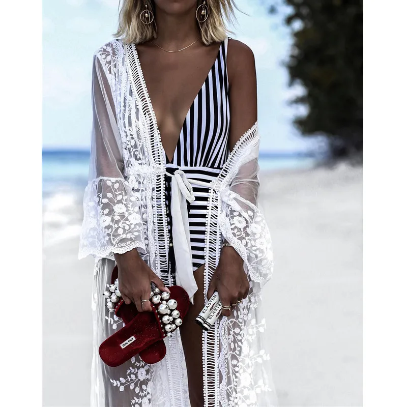 

2020 Women Swimsuit Cover Up White Lace Long Sleeve Kaftan Beach Tunic Dress Robe De Plage Pareo Beach High Collar Cover Up
