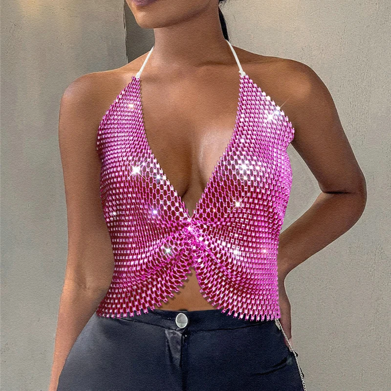 

Новый сексуальный женский Топик с открытой спиной блестящие стразы с глубоким V-образным вырезом прозрачная сетчатая клетчатая однотонная ...