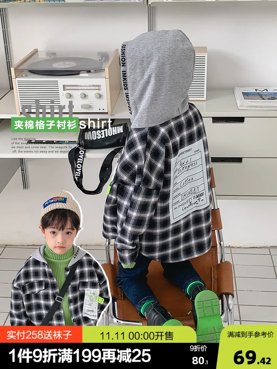 

BB Children's Clothing Boys' Quilted Plaid Shirt 2021 New Winter Medium and Big Children's Warm Padded Jacket Tide