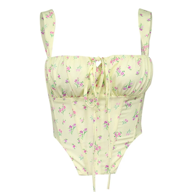 

Женский топ без рукавов, с квадратным вырезом, со сборками, на шнуровке, Обтягивающий корсет, винтажный, с цветочным принтом, обтягивающий, ...